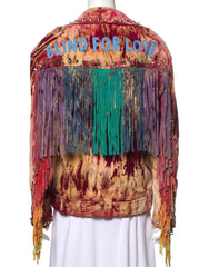 Colorful jacket with fringes and 'Blind for Love' text on a white background