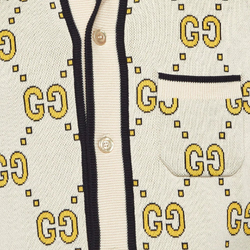 Close-up of a cardigan with a pattern of 'GG' logos on a white background