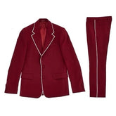 Maroon suit with white piping on a white background