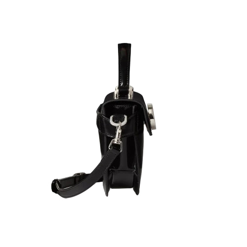 Black handbag with a strap on a light gray background