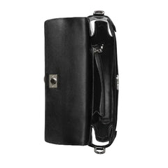 Black leather clutch bag with silver hardware on a light gray background