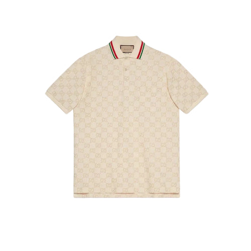 Beige patterned polo shirt on a light gray background