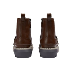 Pair of brown leather boots with gray soles on a white background