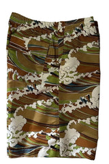 Patterned shorts with brown, green, and white design on a plain background