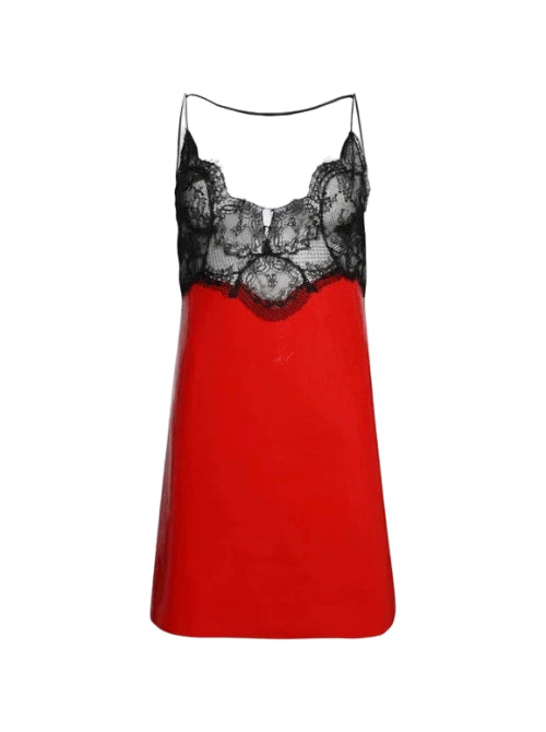 Red slip dress with black lace detailing on a light gray background