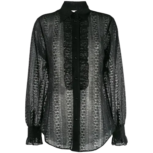Black and white patterned blouse with lace trim