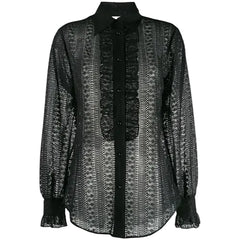 Black and white patterned blouse with lace trim