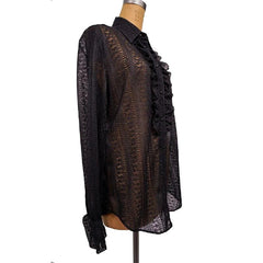 Black lace blouse on a mannequin against a white background
