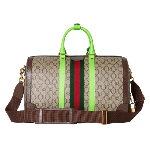 Designer bag with green handle and red and green stripes on a white background