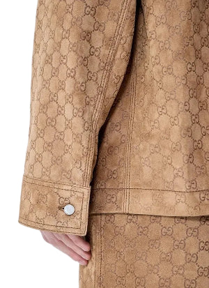 Close-up of a brown textured coat with a brand logo on a light gray background