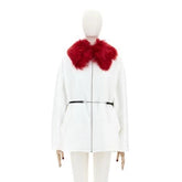 White coat with red fur collar on a mannequin against a white background