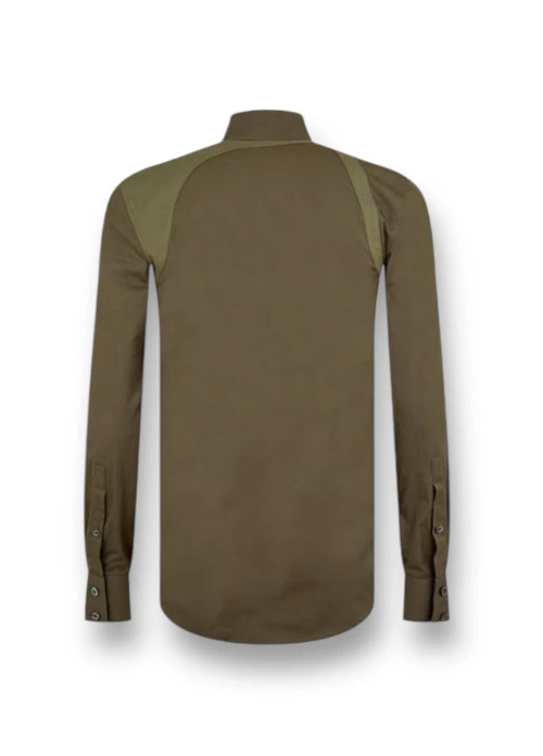 A long-sleeve collared shirt shown from the back, featuring a solid brown body with olive green shoulder panels and matching green trim along the shoulder seams, displayed on a white background.
