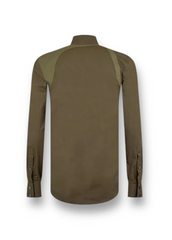 A long-sleeve collared shirt shown from the back, featuring a solid brown body with olive green shoulder panels and matching green trim along the shoulder seams, displayed on a white background.