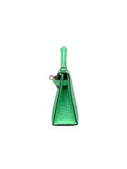 A bright green crocodile-embossed leather handbag shown from the side profile against a neutral gray background.