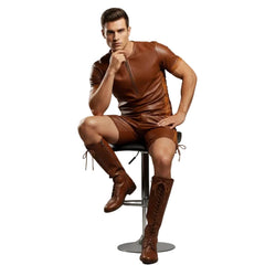 Man in a brown leather outfit sitting on a stool against a gray background