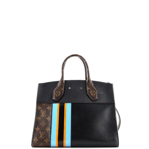 Black handbag with brown monogram pattern and colorful stripes on a white background