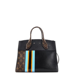 Black handbag with brown monogram pattern and colorful stripes on a white background