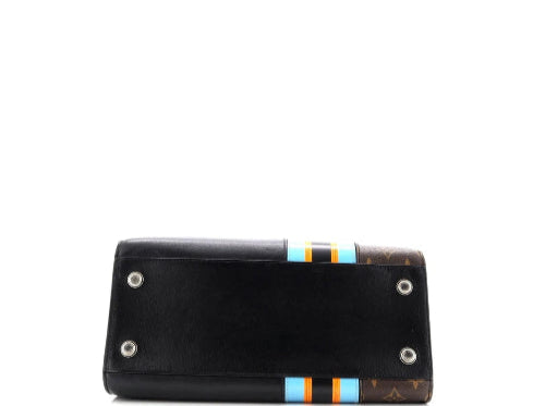 Black clutch bag with colorful stripes on a white background