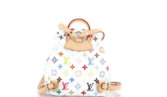 Designer handbag with multicolor monogram pattern on a white background