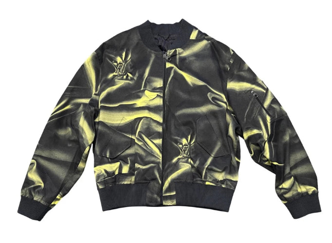 Black jacket with yellow abstract pattern on a white background