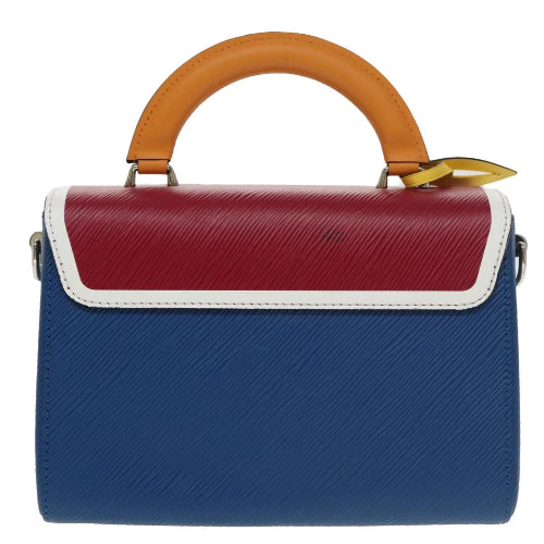 Multicolored handbag with blue, red, and orange sections on a white background