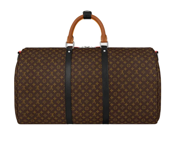 A Louis Vuitton monogram canvas duffel bag with brown leather top handles and black vertical straps, shown against a light gray background.