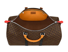 A Louis Vuitton monogram duffel bag shown open against a light gray background, featuring a brown coated canvas exterior with the classic monogram pattern, a bright orange interior lining, orange leather handles, and silver zippers.