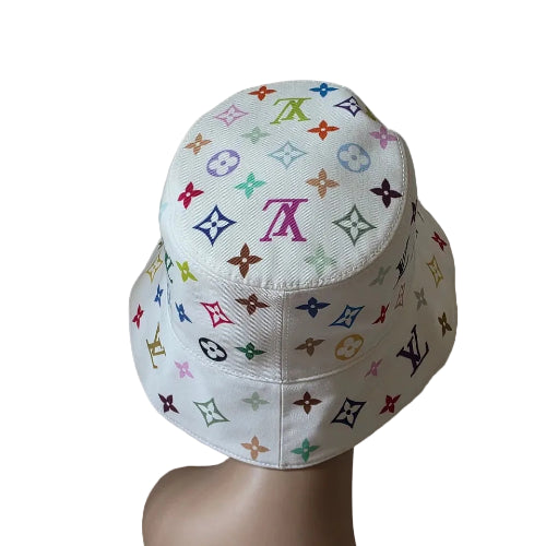 White bucket hat with colorful logos on a mannequin head against a plain background