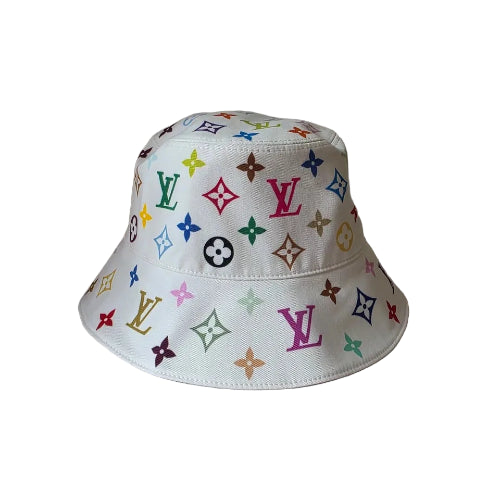 White bucket hat with colorful logos on a light gray background