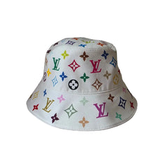White bucket hat with colorful logos on a light gray background