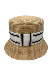 Beige straw hat with a striped band on a brown surface