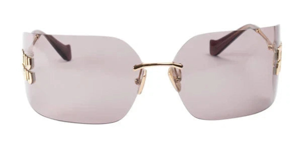 Sunglasses with a gold frame and pink lenses on a white background