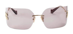 Sunglasses with a gold frame and pink lenses on a white background