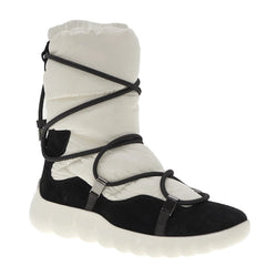White and black winter boot with straps on a white background