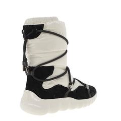 White and black snow boot with strap design on a white background