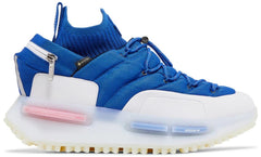 Blue and white sneaker with a pink sole on a white background