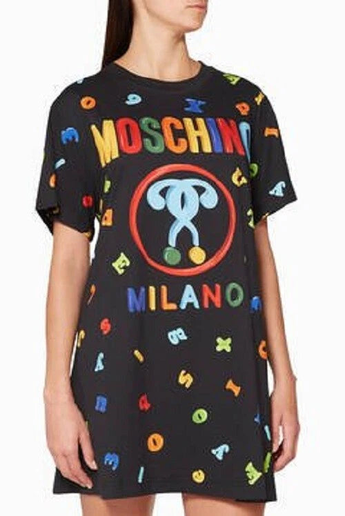 Dress with Moschino logo and space-themed design on a black background