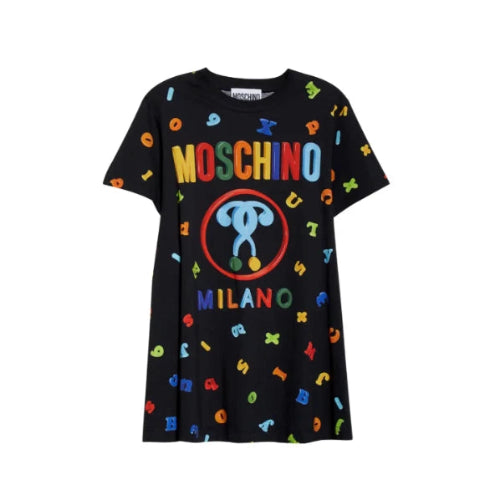 Black t-shirt with colorful Moschino logo on a plain background