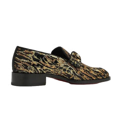 A pair of women's slip-on loafers in a brown and black leopard print pattern, shown against a plain white background.