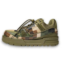 Multicolored sneaker with a camouflage pattern on a white background