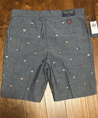 Gray shorts with small colorful patterns on a wooden surface