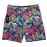 Colorful floral-patterned shorts with a brand label on a plain background