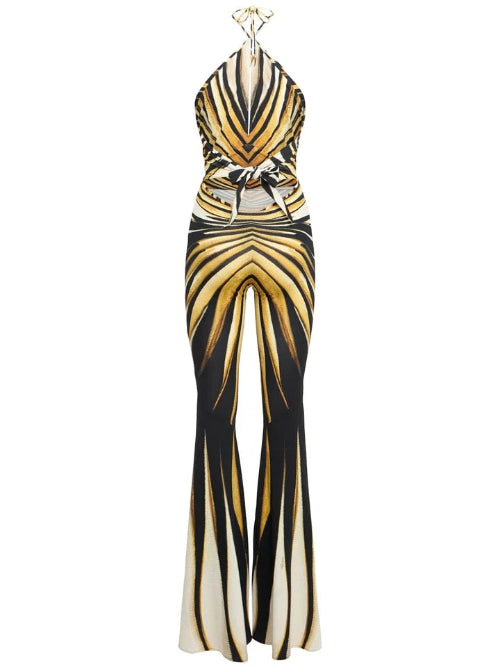 Zebra-striped jumpsuit on a white background