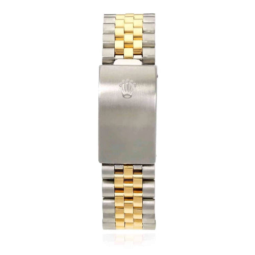 Two-tone watch band with silver and gold links on a white background
