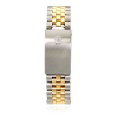 Two-tone watch band with silver and gold links on a white background