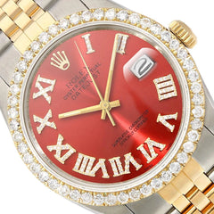 Luxury watch with red dial, gold and silver case, and diamond accents.