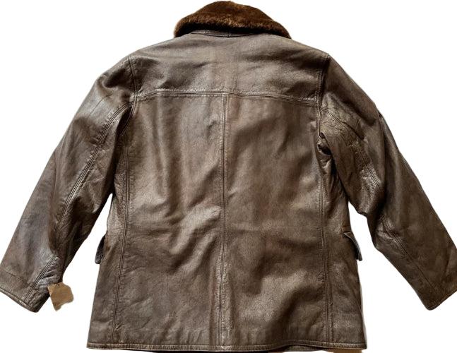 Brown leather jacket with fur collar on a white background