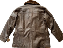 Brown leather jacket with fur collar on a white background