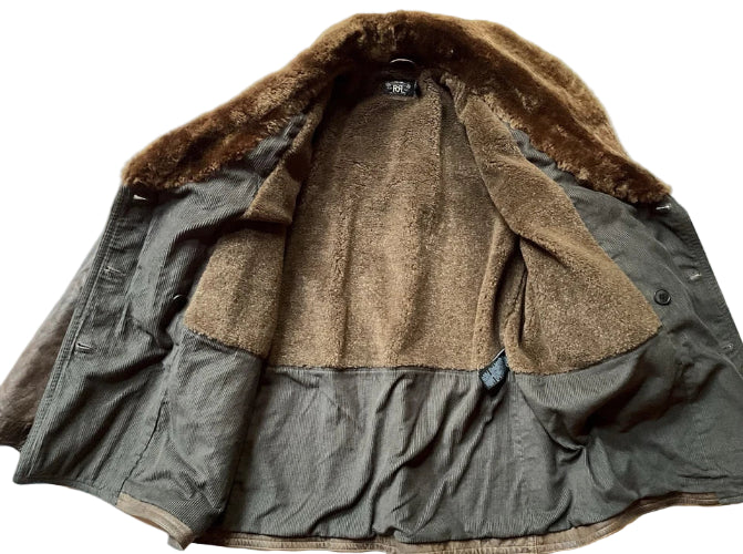 Brown and gray jacket with fur lining on a light blue background