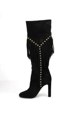 SAINT LAURENT Women's Black Suede Grace 105 Y Studded Fringed Boots
